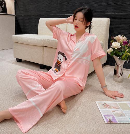冰丝睡衣女夏季短袖薄款网红翻领开衫套装韩版卡通印花丝绸家居服